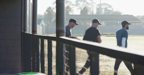 Clapping male baseball team trading gloves in dugout moving onto outfield for Stock Footage 340610479