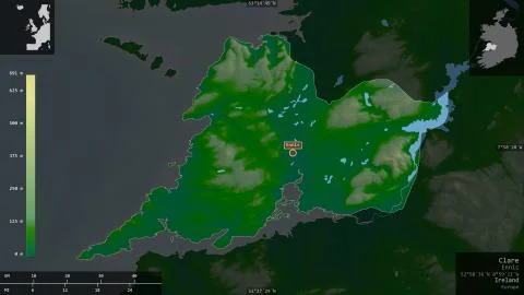 Clare, Ireland. Colored shader data with lakes and rivers Stock Illustration