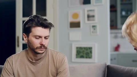 Clarification of relations. Old mom arguing with her adult son. Stressful Stock Footage 265500849