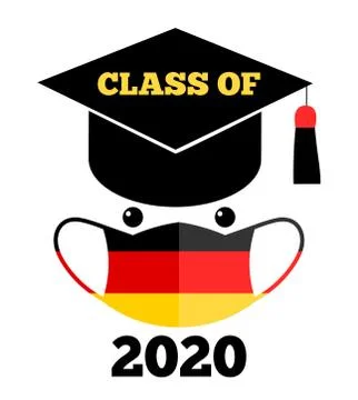 Class of 2020 text, graduation cap, protection face mask, german flag, Templa Stock Illustration