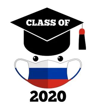 Class of 2020 text, graduation cap, protection face mask, russian flag, Templ Stock Illustration