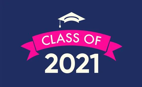Class of 2021 with Graduation Cap. Flat simple design on blue Stock Illustration