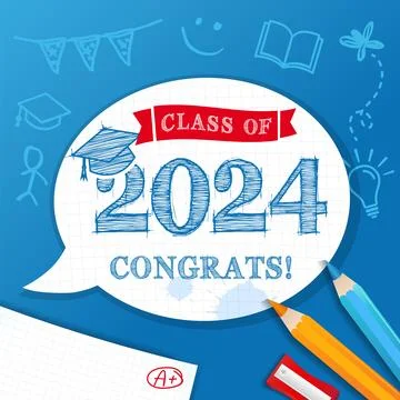 Class of 2024, chalk drawn chat text in chat bubble on blue blackboard Illustrazione stock