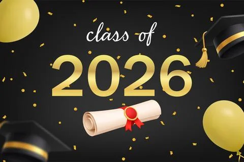 Class of 2026 graduation celebration poster with diploma, mortarboard cap and Stock Illustration