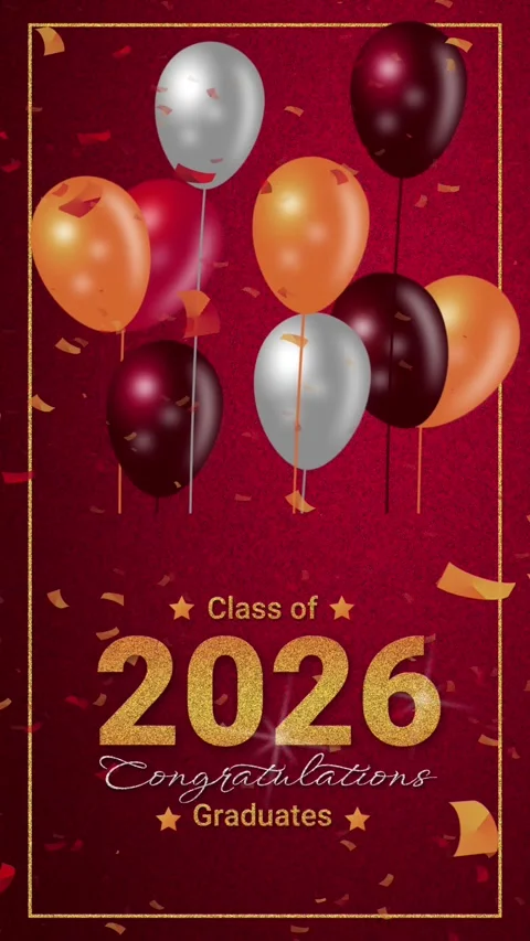 Class of 2026 Graduation Celebration with Red and Gold Balloons Stock-Footage 327065366