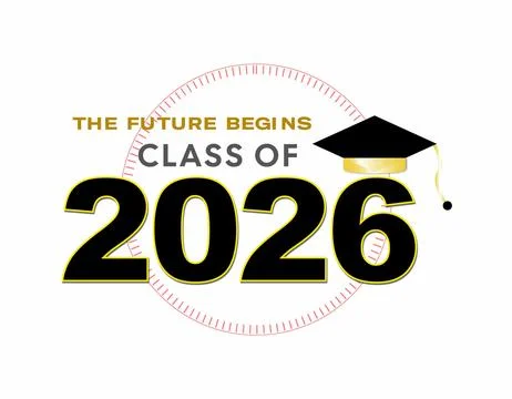 Class of 2026 graduation graphic featuring a black mortarboard cap on white.. Illustrazione stock
