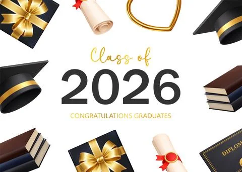 Class of 2026 graduation greeting card with diploma, graduation cap, books and Stock Illustration