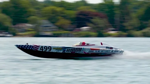 Class 4 Offshore Race Boat BMOR Test Run on the St Clair River, Sound Stock Footage 343972856