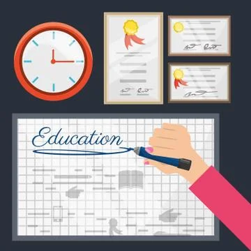 Class board with clock and diplomas 스톡 일러스트