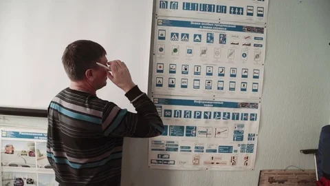 Class driving school, road signs, teacher man wearing glasses lectures a class Stock Footage 73520053