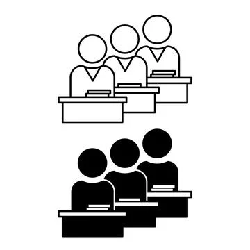 Class Icons. Black and White Vector Illustrations. Students Sitting at Desk.. Stock Illustration