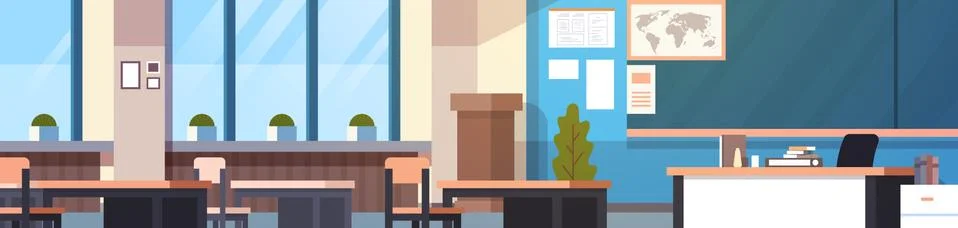 Class Room Interior Horizontal Banner Empty School Classroom With Board And Stock Illustration