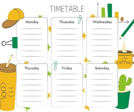 Class timetable template for students. Learning objects - graphics, stationery Stock Illustration