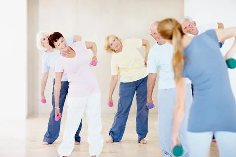 Class, weights and coach with senior people for exercise, wellness and trai.. Stock Photos