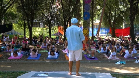 Class of yoga in the park. Stock Footage 110932435