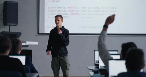 Classes Of Computer Science, Portrait Of Boy Speaking In Front Of Classmates Stock Footage 281613551