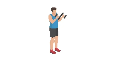 Classes with dumbbells. Biceps. Pixel graphics. Video stock 291898597