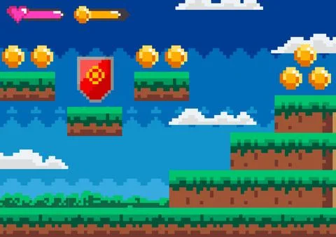 Classic 8-Bit Video Game Scene with Coins, Heart and Shield イラスト素材