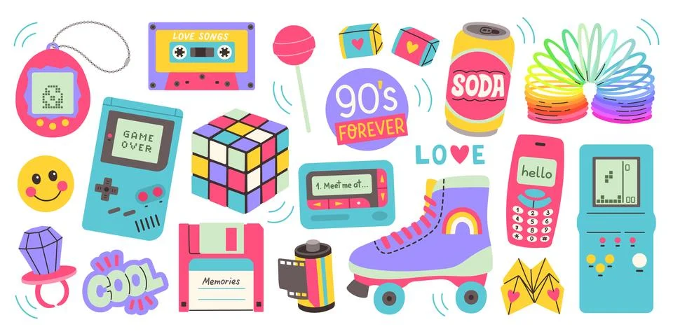Classic 80s 90s elements in modern style flat, line style. Hand drawn vector イラスト素材