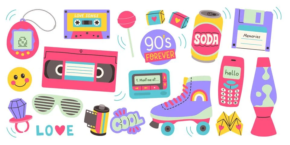 Classic 80s 90s elements in modern style flat, line style. Hand drawn vector Stock Illustration