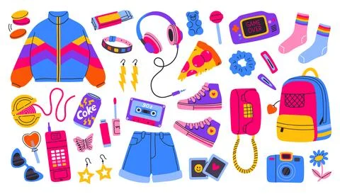 Classic 80s 90s elements in modern style flat, line style. Hand drawn vector Stock Illustration