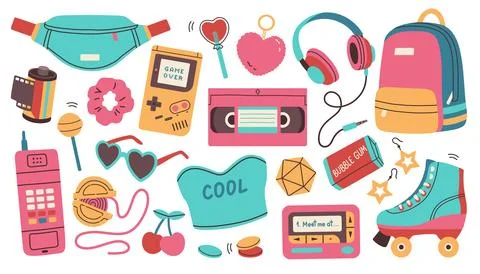 Classic 80s 90s elements in modern style flat, line style. Hand drawn vector Stock Illustration