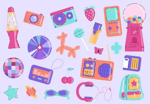 Classic 80s and 90s elements set. Vinyl disc, air balloon toy and consoles with Stock Illustration