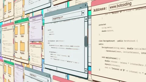 Classic 90s programming windows in grid walls and camera move. Abstract retr Stock Footage 249738701