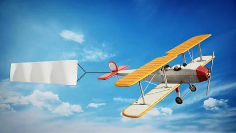 Classic airplane pulling blank white text banner. 3D illustration Classic ... Stock Photos