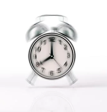 Classic Alarm clock chromed ringing, front view on white background. Stock Illustration