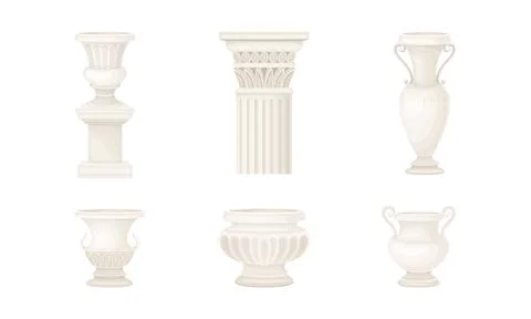 Classic antique decor elements set. Marble column and vases carved stone Illustrazione stock