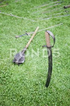 Classic antique swords, ancient medieval weapons detail, a weapon of destruct Stock Photos