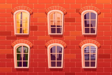 Classic arched windows on red brick wall Ilustración de archivo