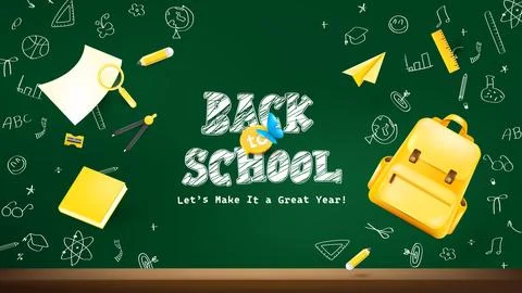 Classic back to school design with chalkboard background yellow backpack sc.. Illustrazione stock
