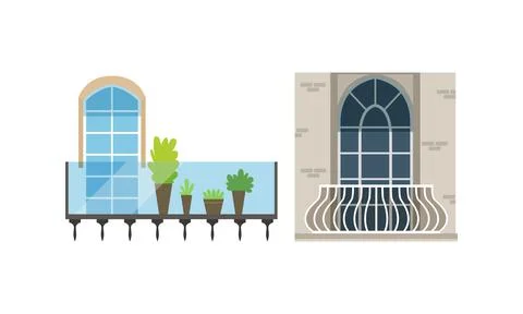 Classic Balcony Windows Colllection, House Facade Design Elements Vector Stock Illustration