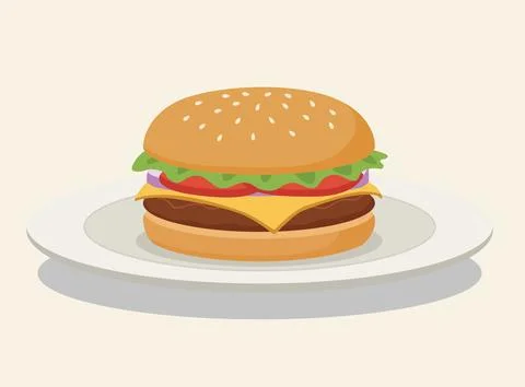 Classic beef hamburger with cheese, lettuce, tomato, and onion on a sesame .. Stock Illustration