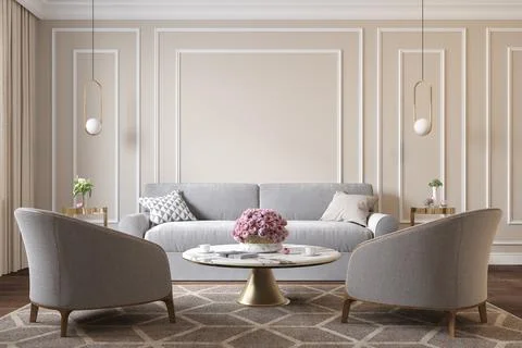 Classic beige interior with armchairs, sofa, coffee table, lamps, flowers and Stock Illustration