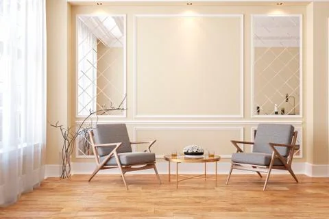 Classic beige modern interior empty room with lounge armchairs. Stock Illustration