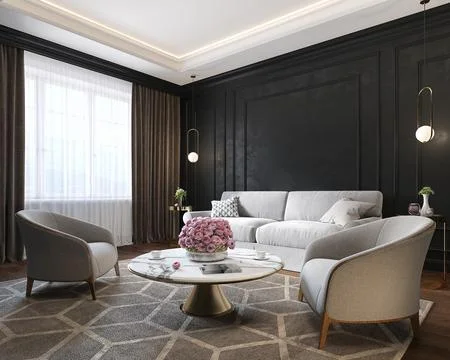Classic black interior with armchairs, sofa, coffee table, lamps, flowers and Stock Illustration