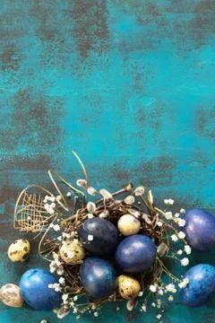 Classic blue 2020. Blue easter eggs in a nest. Stock Photos
