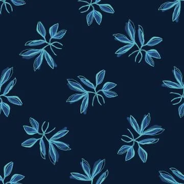 Classic Blue Hand Painted Leaf Background. Elegant Midnight Glow Leaves Motif Stock Illustration