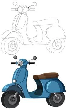 Classic Blue Moped Scooter Vector Illustration and Line Art Outline Drawing Stock-Illustration
