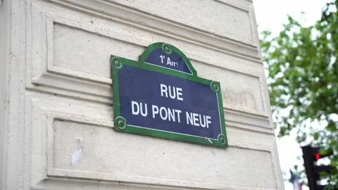 Classic Blue Rue du Pont Neuf Street Sign on Stone Building in Paris Vidéo 336042550
