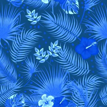 Classic blue seamless pattern of leaves palm tree, monstera, flowers, vector Illustrazione stock