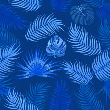 Classic blue seamless pattern of leaves palm tree, monstera, flowers, vector Stock Illustration