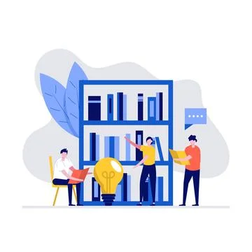Classic book library vector illustration concept with characters. Modern fl.. Stock Illustration