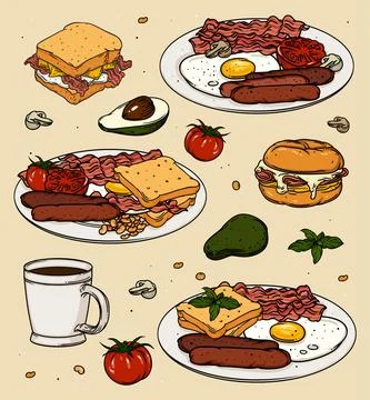 Classic breakfast cartoon set with eggs, toast and coffee. Vector color break Stock Illustration