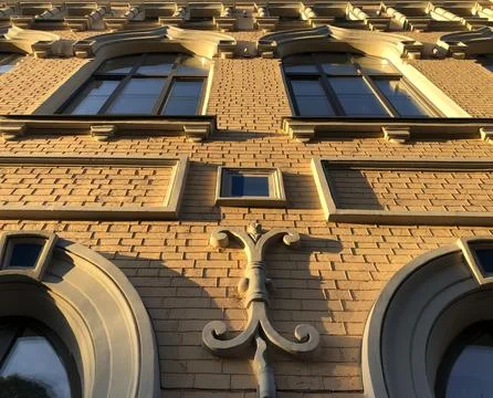 Classic Brick Building Facade with Architectural Details and Blue Sky Stock Photos