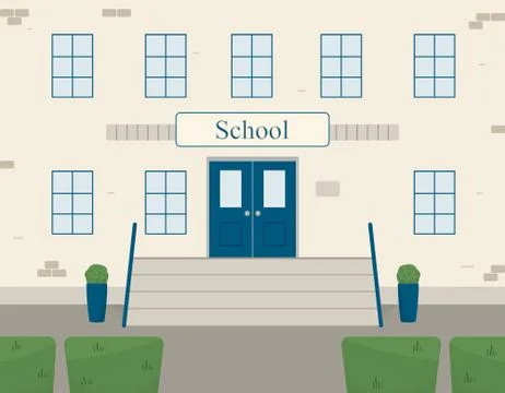 Classic brick facade of the school building. Entrance with a porch with steps Stock Illustration