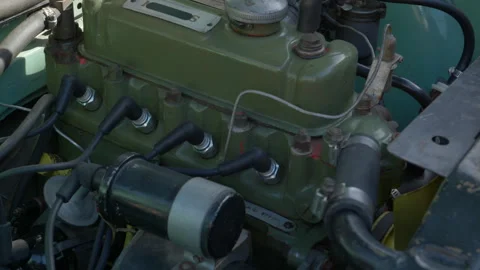 CLASSIC BRITISH CAR ENGINE. OFF. 4K SLIDER SHOT. NO PEOPLE. Stock Footage 261759880